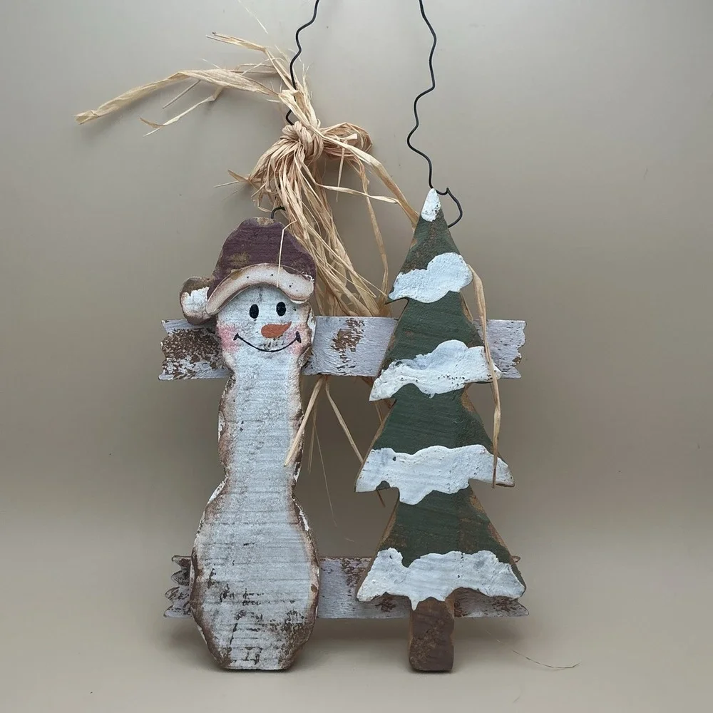 Primitive Country Wooden Winter Snowman & Tree Door Hanger Handmade/Hand Painted